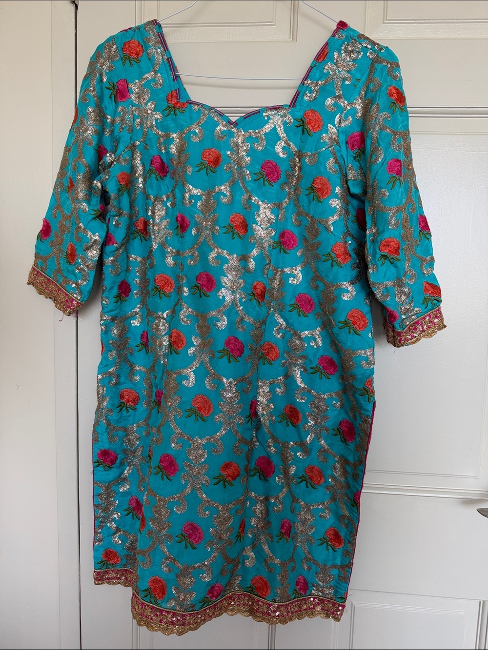 Turquoise Embroidered Floral Kameez Indian Top